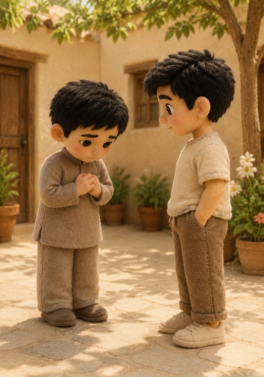 Determined to make things right, Fariko approached Putra in the sunny courtyard to offer a sincere, heartfelt apology. He admitted his complete thoughtlessness and confessed that he only realized the value of their friendship after losing it. Putra listened in silence, his expression heavy with conflicting emotions.