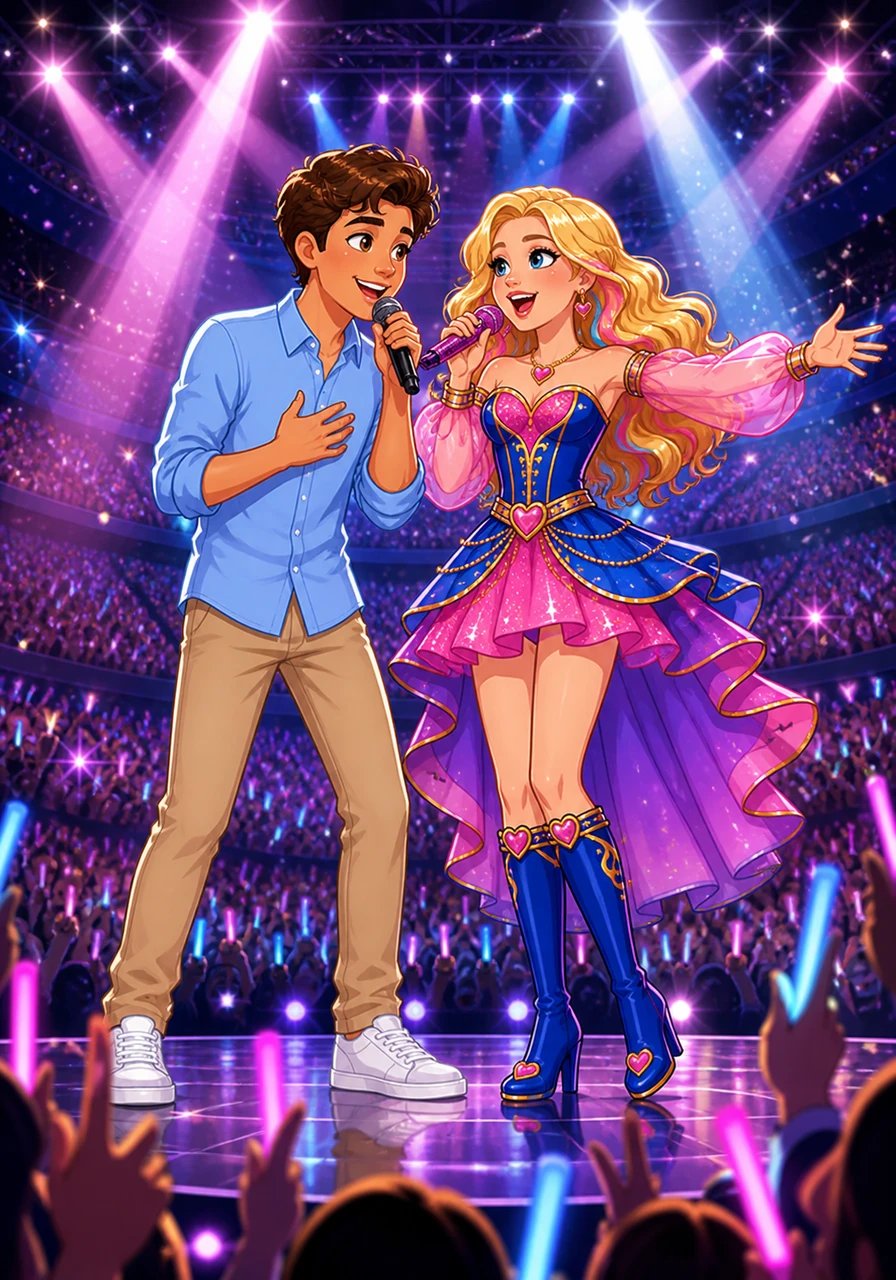 Under the brilliant, dazzling spotlights of the arena stage, Freya and Malachi take center stage during the Descendants Zombies Worlds Collide Tour. The energetic music swells around them as thousands of cheering fans wave glow sticks across the darkened stadium. They sing with captivating passion, harmonizing beautifully as the high-energy show reaches its grand finale.