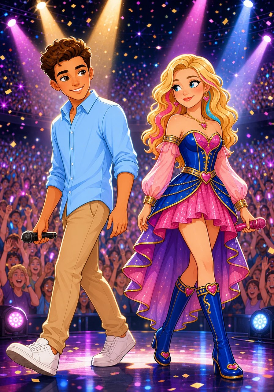 The crowd goes wild with excitement, completely enchanted by the visible romance radiating between the two young performers. Though their offstage relationship remains a private secret from the public, the romantic spark between them is impossible to hide under the bright lights. Separating just as the music fades, they share a subtle, knowing smirk that sends the arena into a roaring frenzy.