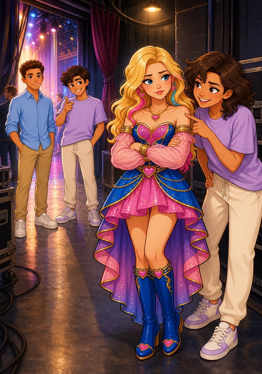 Stepping off the stage into the cool, bustling backstage corridor, Liamani immediately intercepts Freya with a knowing grin. Freya tries her absolute best to play it cool, crossing her arms and innocently asking what all the fuss is about. Liamani just chuckles, teasingly pointing out how lingering and romantic those stolen glances were during the finale.