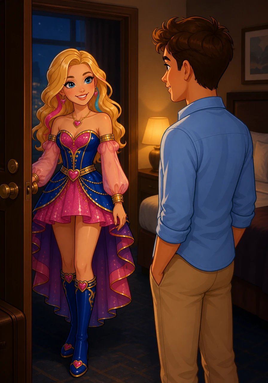 Back at the hotel rooms, luck finally swings in their favor. MK has headed over to Freya's room to watch a late-night movie with Liamani, leaving Malachi's room peaceful and completely quiet. Freya softly turns the doorknob and steps inside, greeted by the cozy glow of the room lamp and Malachi standing there waiting for her.