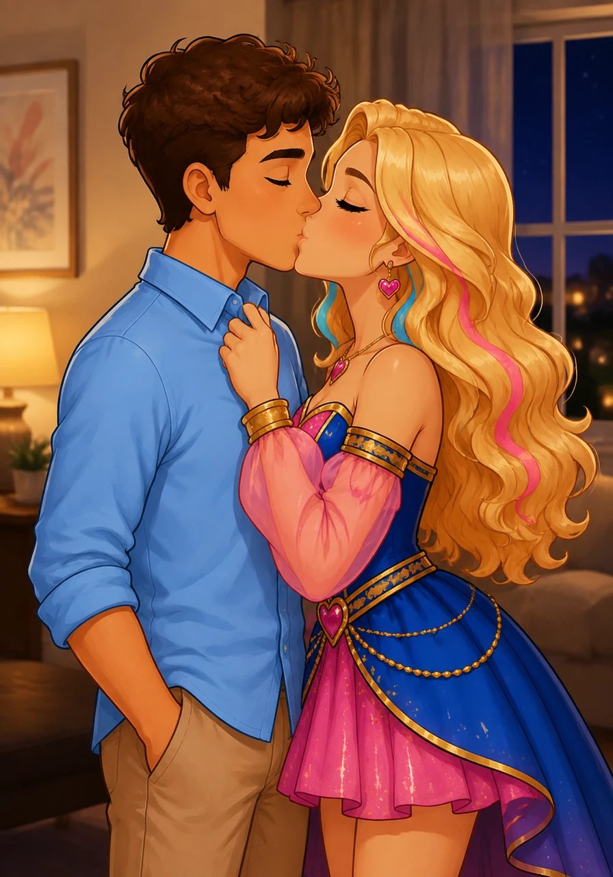 Freya smiles warmly, stepping up to close the remaining distance between them. She lightly catches his shirt collar, pulling him down gently to press a sweet, tender kiss to his lips. The quiet tension of the long night instantly melts away into cozy, pure warmth as they stand together in the peaceful room.