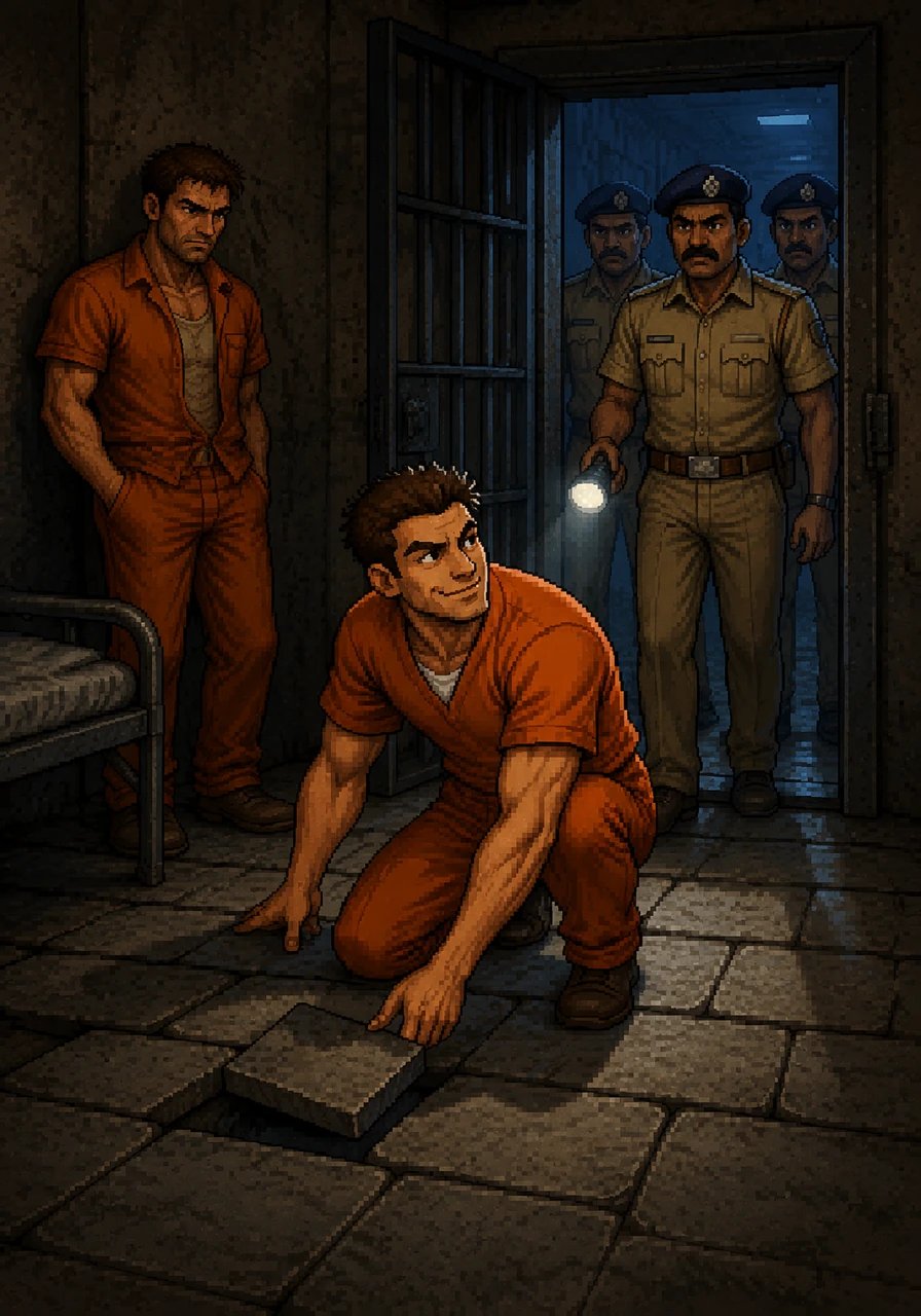 Disaster struck at midnight when the heavy iron cell doors slid open for an unannounced shakedown by the Tamil Nadu Special Police. Nate quickly kicked their loose floor tile into place and flashed a charming, innocent smile at the guards, deflecting suspicion with a casual joke about the prison's poor room service.