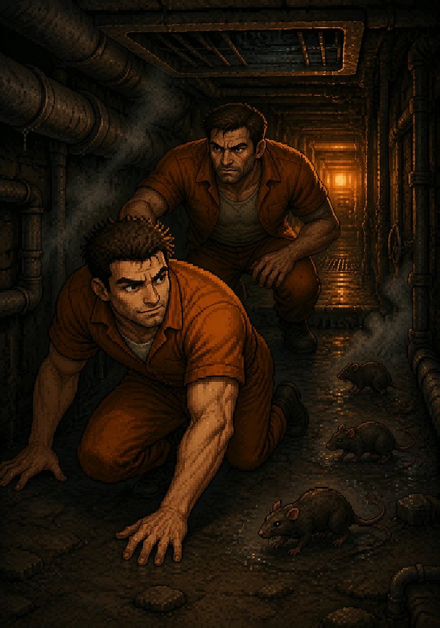 Slipping through the loosened ventilation grille, Nate and Sam scrambled into the narrow, dark utility tunnels running beneath the prison complex. Rats scurried past their boots as they navigated through a maze of steaming pipes, guided only by the faint, rhythmic hum of the facility's backup generator.
