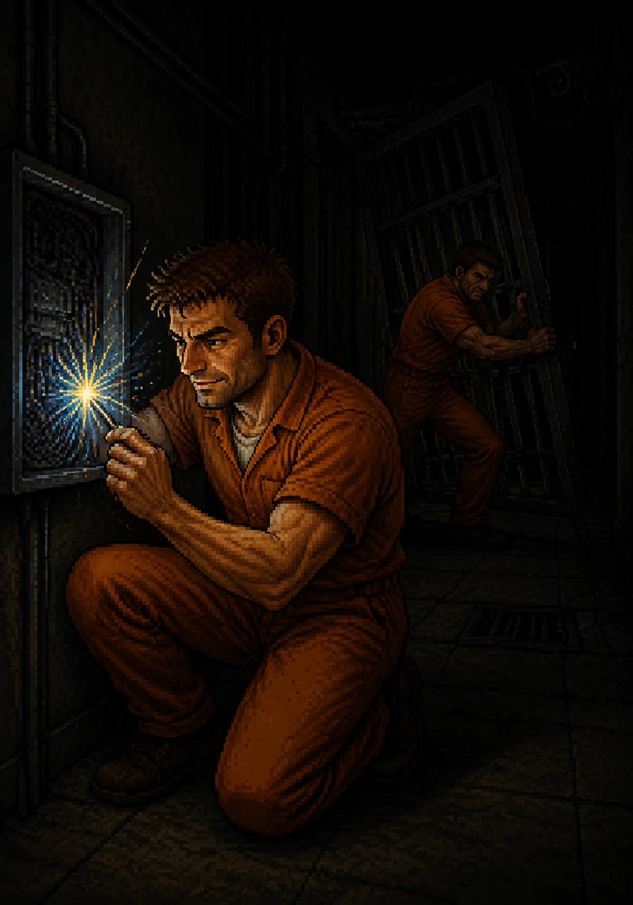 Reaching a critical junction, Nate used a copper wire to short-circuit the electronic locking mechanism of an auxiliary power box, triggering a localized blackout. The corridor plunged into absolute darkness, silencing the security cameras just long enough for Sam to wedge open the heavy iron security gate.