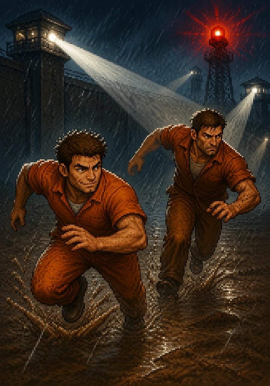 Suddenly, a blaring siren pierced the storm, and bright searchlights began cutting through the heavy rain as the guards discovered the power breach. The brothers sprinted across the slick, muddy inner perimeter, staying low to avoid the sweeping beams of white light tracking across the yard.