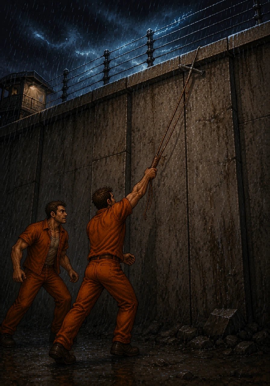 They reached the towering outer concrete wall, topped with lethal strands of high-voltage electric fencing that hummed angrily in the rain. Using an improvised grapple hook crafted from thick laundry cords and a heavy pipe, Sam threw the line upward, securing it firmly on an unpowered section of the concrete ledge.