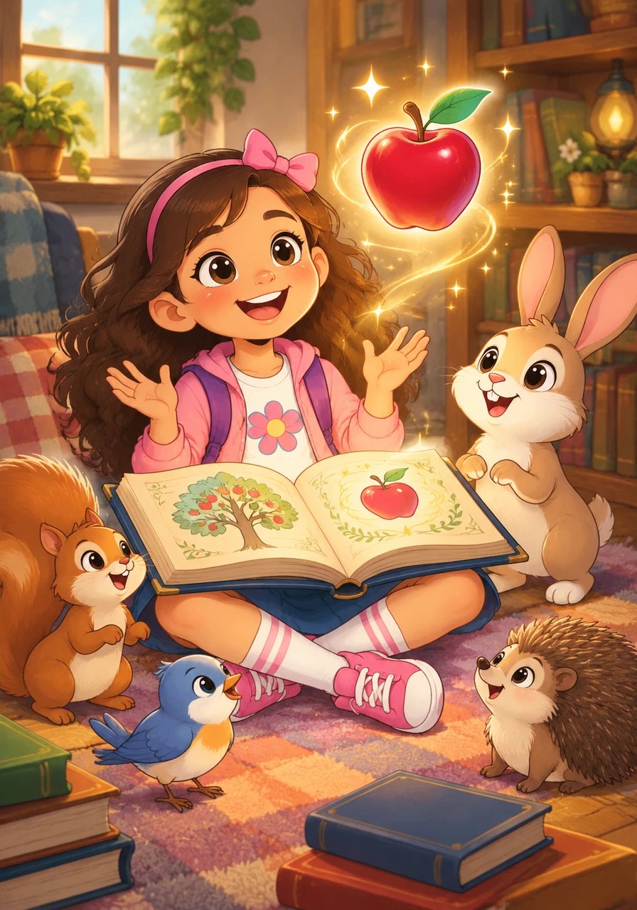 Saat Maya membuka halaman pertama dan mengeja kata 'Apple', sebuah apel merah yang segar dan lezat tiba-tiba muncul melayang di atas kertas.
