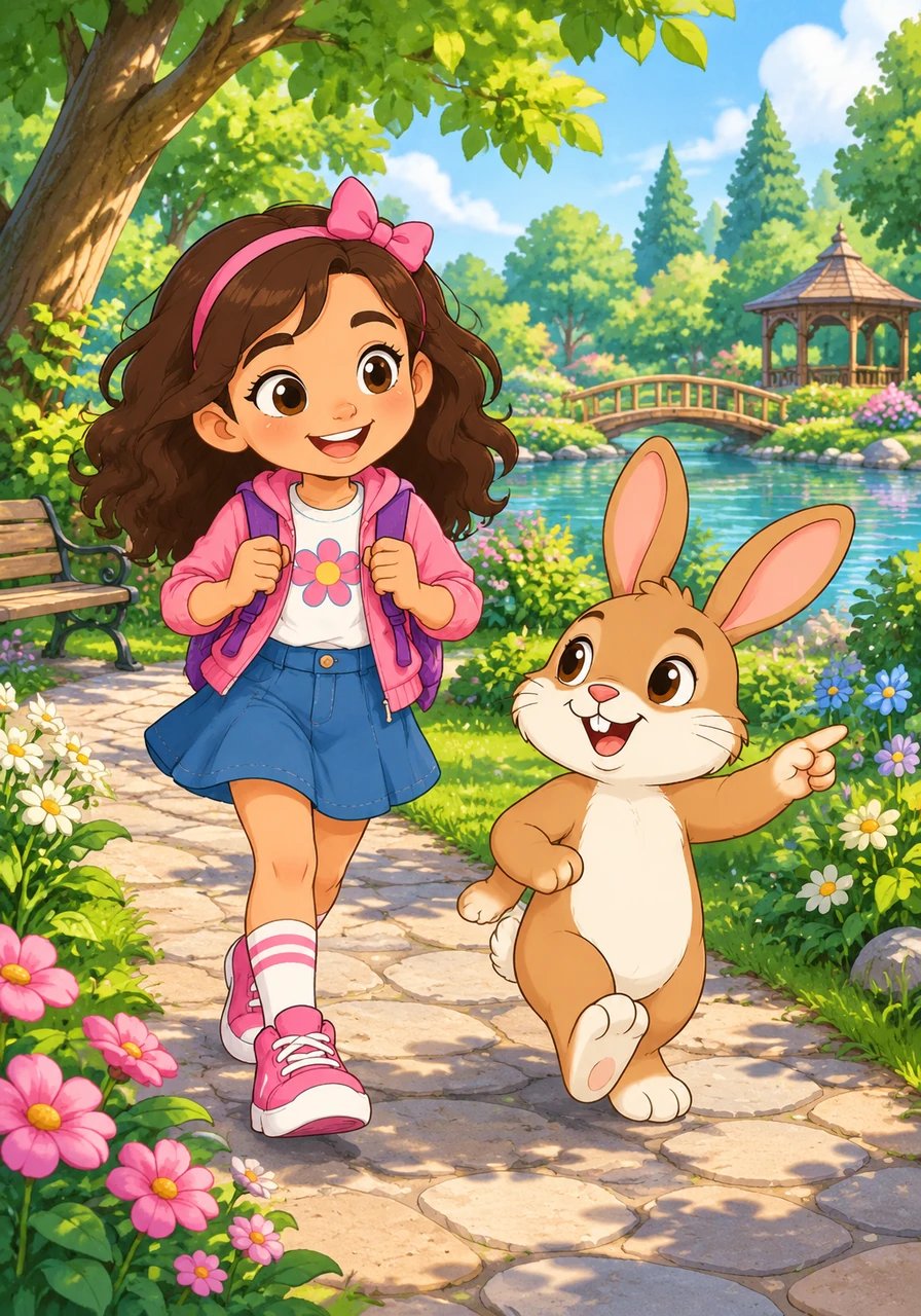Di taman itu, Maya bertemu seekor kelinci ramah bernama 'Rabbit' yang mengajaknya berjalan-jalan sambil mengenal kata-kata baru tentang alam.