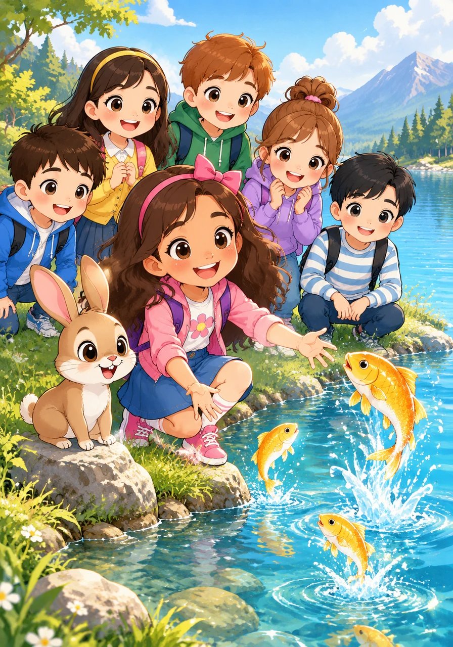 Mereka berhenti di tepi danau yang jernih, lalu Maya membaca kata 'Water' dan 'Fish' yang membuat ikan-ikan emas melompat gembira di atas permukaan air.