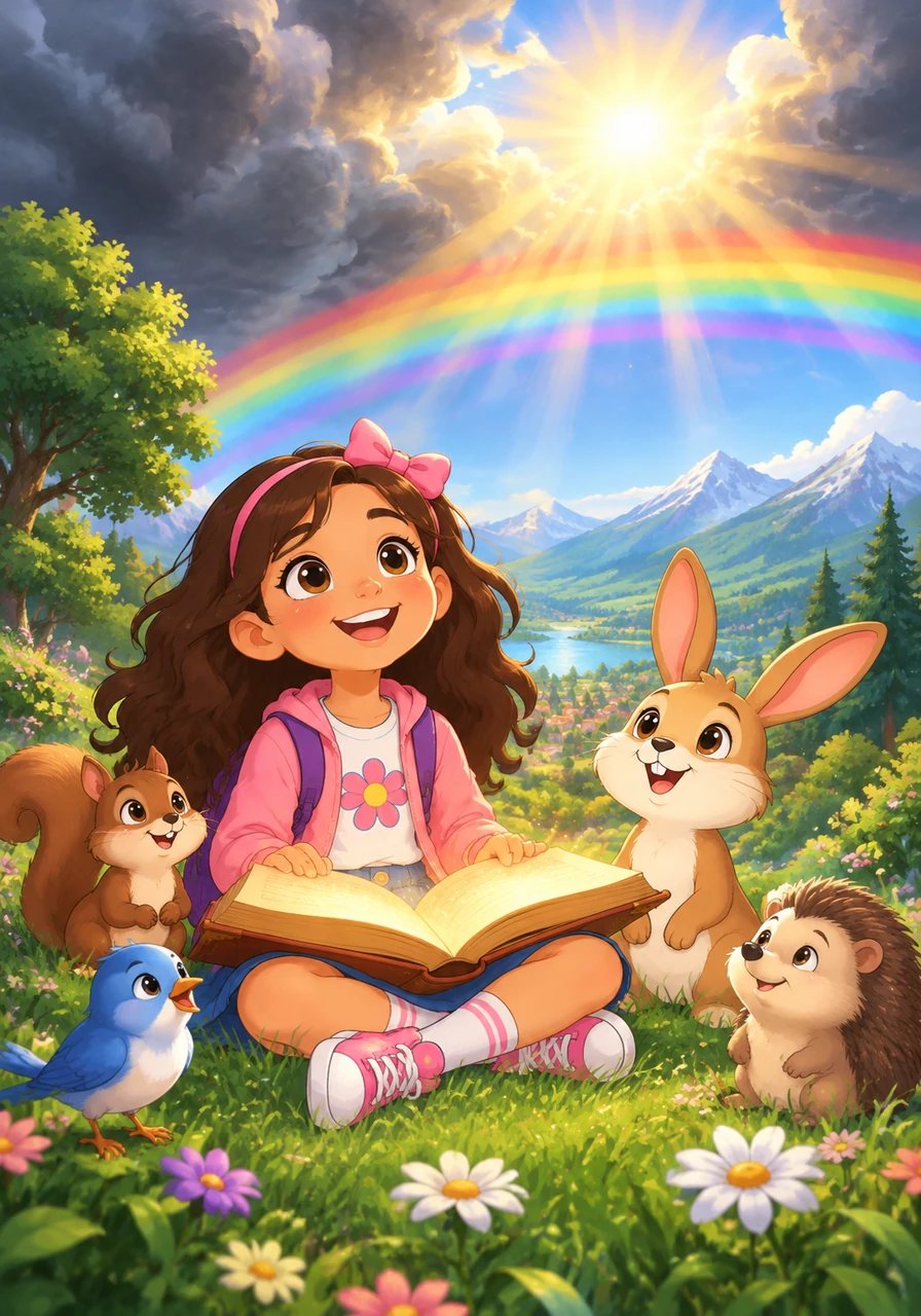 Ketika awan abu-abu mulai menutupi langit, Maya dengan cepat mencari kata 'Sun' dan 'Rainbow' di dalam kamusnya, membuat matahari bersinar kembali dihiasi pelangi indah.