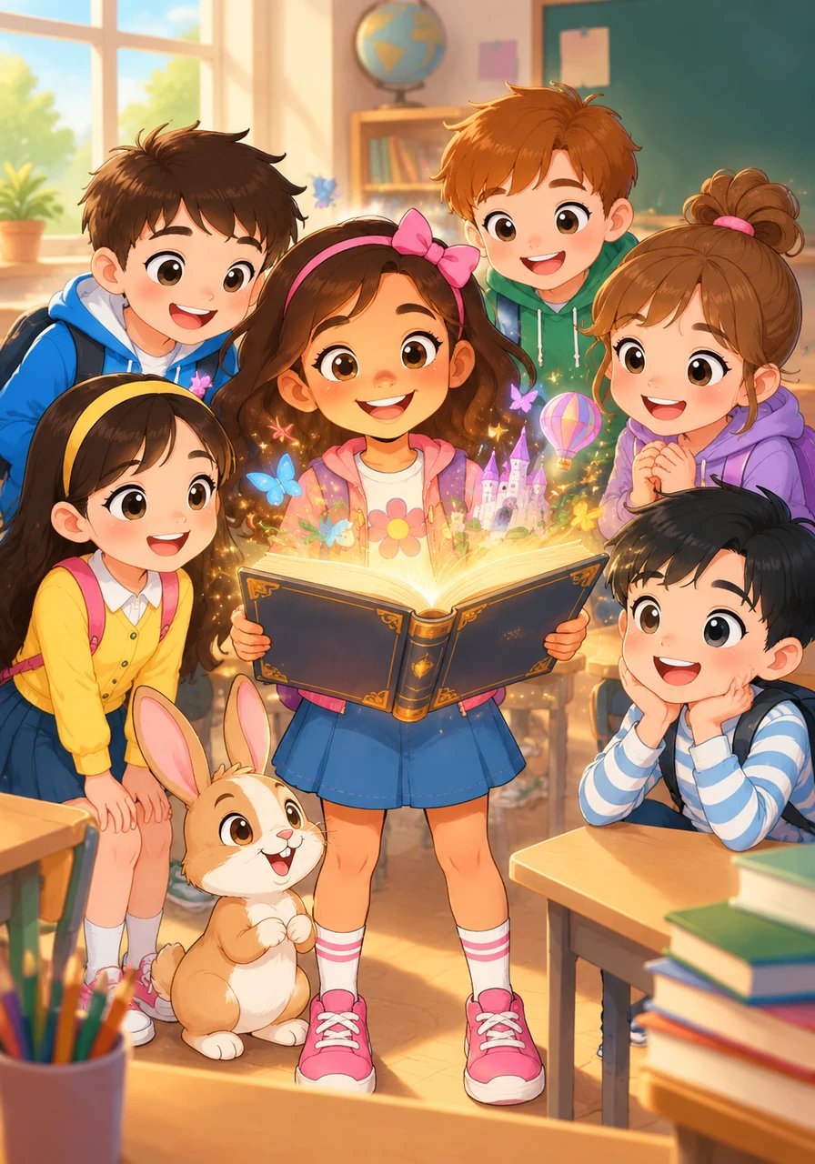 Maya membawa kamus ajaib itu ke sekolah dan membagikan keajaibannya kepada teman-temannya. Mereka belajar kosakata baru bersama dengan rasa gembira.