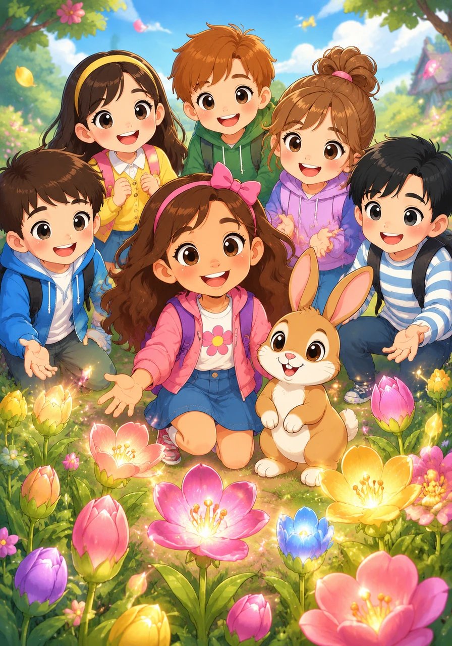 Bersama teman-temannya, Maya berlatih menyusun kalimat sederhana dalam bahasa Inggris yang membuat bunga-bunga di sekitar mereka mekar semakin indah.