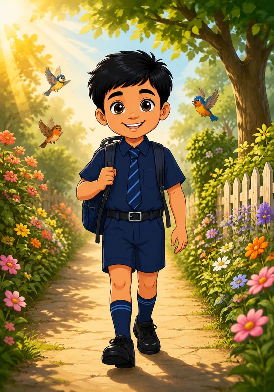 એક સવારે સૂર્યના સોનેરી કિરણો વચ્ચે રાહુલ હાથમાં દફતર લઈને ઉત્સાહથી શાળાએ જવા નીકળ્યો. રસ્તાની બંને બાજુએ સુંદર ફૂલો ખીલેલા હતા અને પક્ષીઓ કલરવ કરી રહ્યા હતા. રાહુલ પ્રકૃતિનો આનંદ માણતા માણતા આગળ વધી રહ્યો હતો.