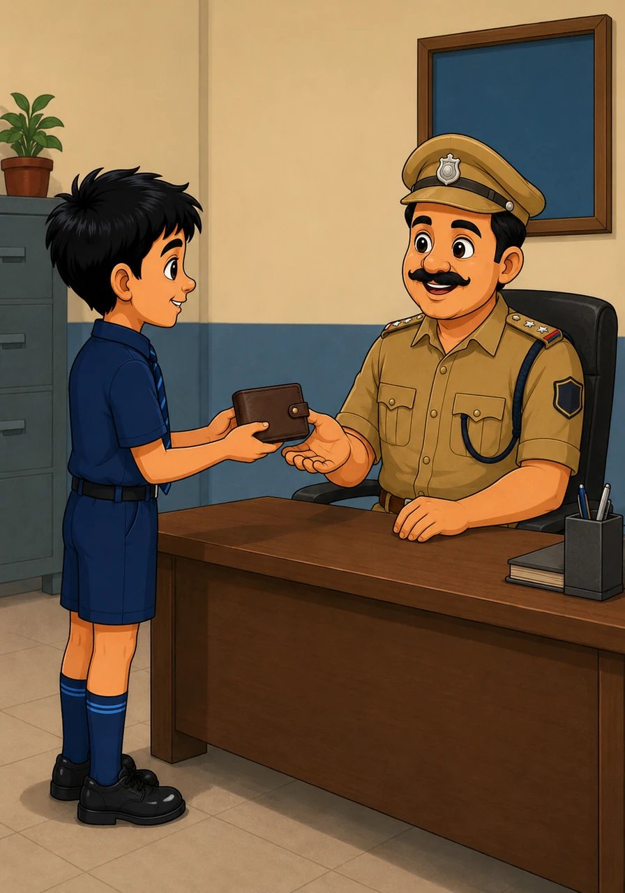 લાલચમાં આવ્યા વિના રાહુલે તરત જ નજીકના પોલીસ સ્ટેશન તરફ જવાનું નક્કી કર્યું. તે ઝડપી પગલે પોલીસ સ્ટેશન પહોંચ્યો અને ત્યાં બેઠેલા પોલીસ અધિકારીને આખું પર્સ સુરક્ષિત રીતે સોંપી દીધું.