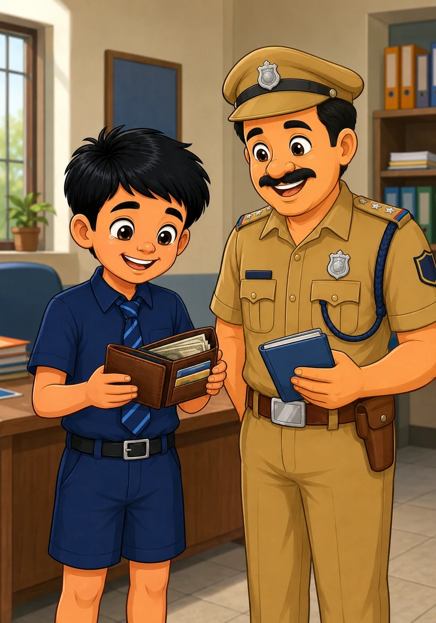 પોલીસ અધિકારીએ તે માણસને પર્સ બતાવ્યું. માણસે પર્સ ખોલીને પોતાના બધા પૈસા અને મહત્વના દસ્તાવેજો સલામત જોયા. તેના ચહેરા પર ખુશીની લહેર દોડી ગઈ અને તેણે રાહતનો શ્વાસ લીધો.