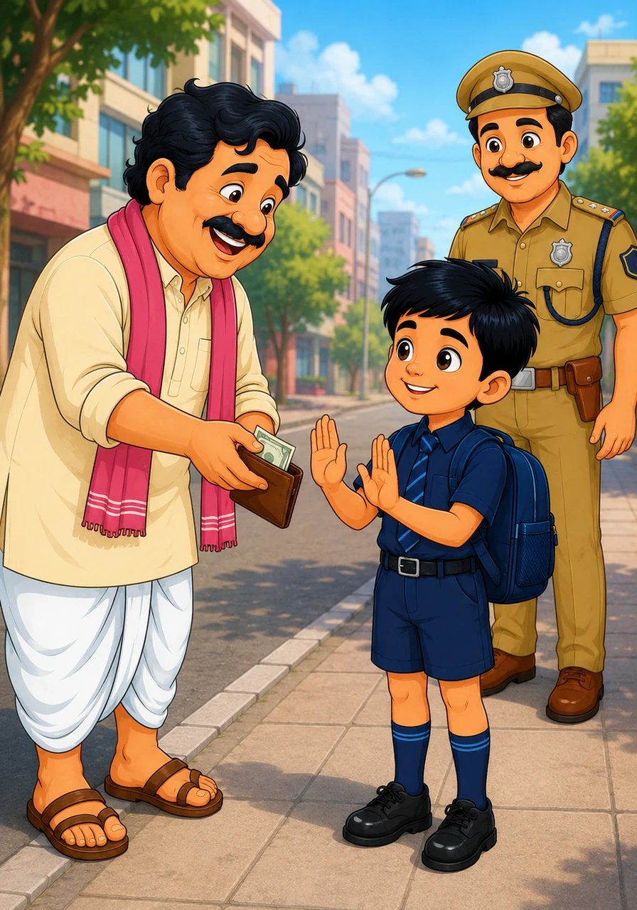 તે માણસ ખૂબ ખુશ થયો અને તેણે આદરપૂર્વક રાહુલનો આભાર માન્યો. તેણે રાહુલની પ્રામાણિકતાથી પ્રભાવિત થઈને તેને ઇનામ આપવા માટે ખિસ્સામાંથી પૈસા કાઢ્યા. પરંતુ રાહુલે નમ્રતાથી ના પાડી દીધી અને કહ્યું કે મેં તો માત્ર મારી ફરજ બજાવી છે.