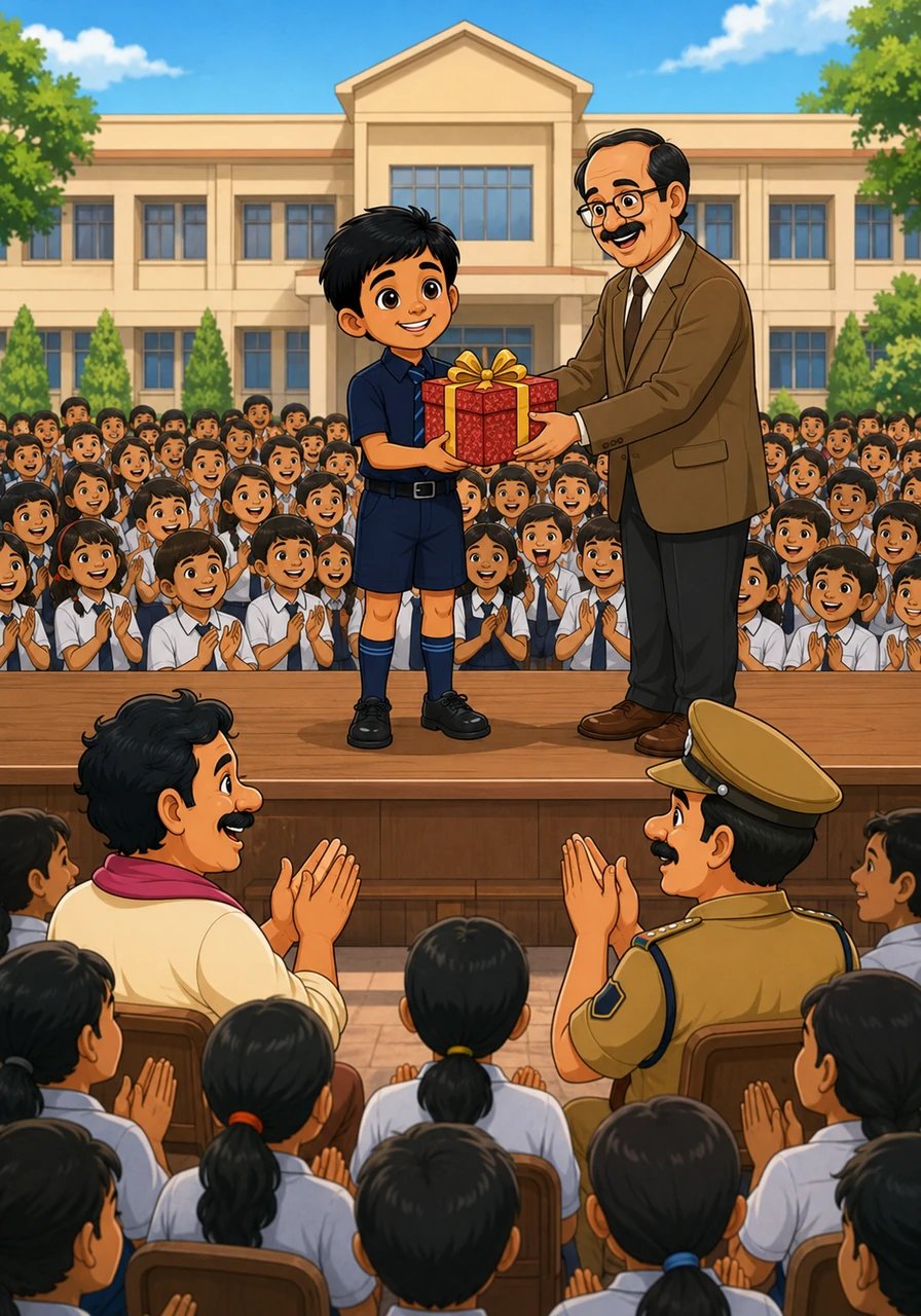 બીજા દિવસે શાળાની સભામાં આચાર્યશ્રીએ બધા વિદ્યાર્થીઓ વચ્ચે રાહુલને સ્ટેજ પર બોલાવ્યો. તેને તેની સચ્ચાઈ માટે સન્માનિત કરવામાં આવ્યો અને મોટું ઇનામ આપવામાં આવ્યું. બધા વિદ્યાર્થીઓએ તાળીઓના ગડગડાટથી રાહુલને વધાવી લીધો અને સચ્ચાઈનો સાચો પાઠ શીખ્યો.