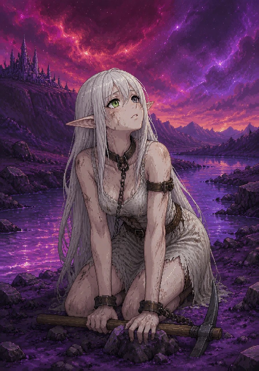 Cristal, a beautiful porcelain-skinned elf with long straight hair and heterochromia—one eye green, the other black—toils under the ruby and amethyst skies of a mystical world. As a mistreated slave on the purple earth, she watches the colored waters flow, dreaming of freedom.