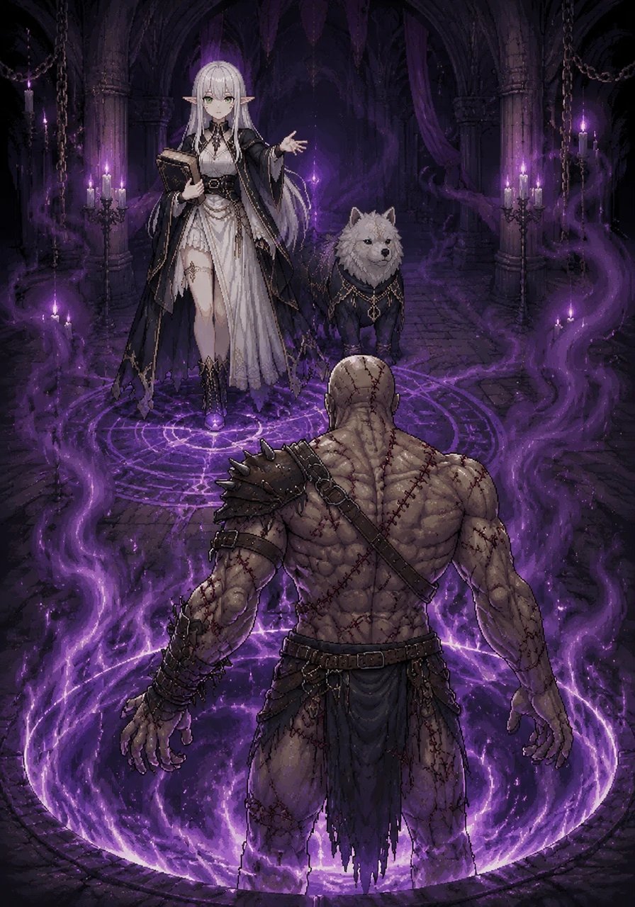 Queen Morgana summons Erierf, a terrifying hunter from another dimension with stitched skin, a dark mouth twisted into a horrifying smile, and unsettling eyes. She commands this monstrous tracker to hunt down Cristal and her mystical companion across the parallel lines.