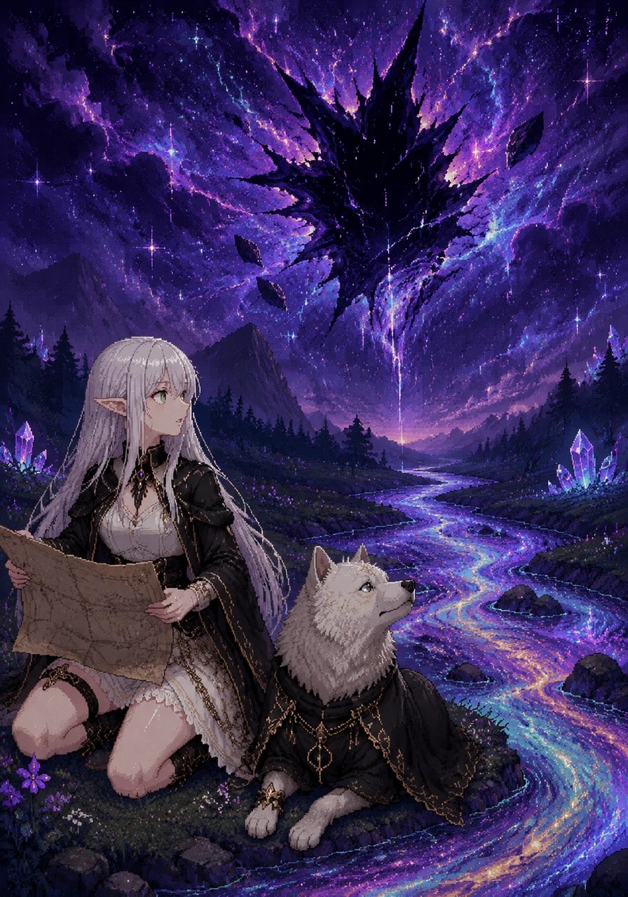As night falls beneath the shimmering gemstone sky, Cristal and her pet rest by a swirling, multi-colored river to decipher the next part of the map. Suddenly, the bush dog's ears perk up, sensing a dark, multidimensional presence tearing through the fabric of their world.