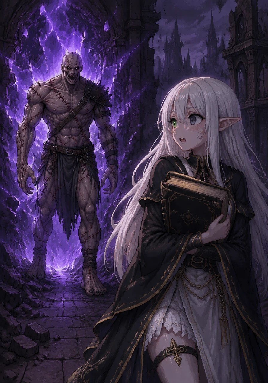 Erierf steps out from a rift in reality, his hideous stitched face illuminated by the amethyst glow as he spots his targets. Cristal grips her stolen book tightly, her green and black eyes widening in fear but hardening with newfound determination to survive.