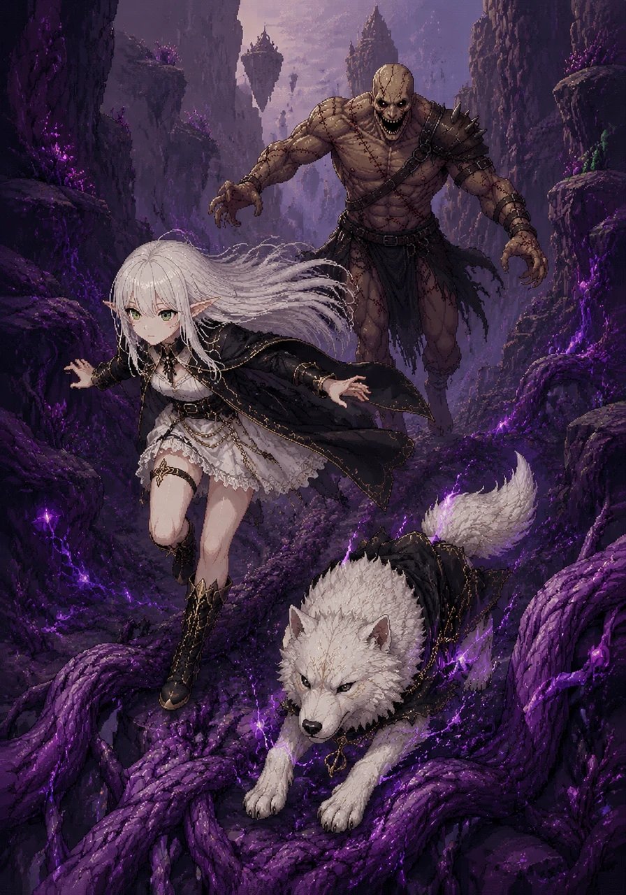 A thrilling chase ensues across the purple terrain, with Cristal and her mystical dog leaping over glowing roots and strange rock formations to evade Erierf's grasp. The hunter's terrifying laughter echoes through the canyons, closing the distance with supernatural speed.