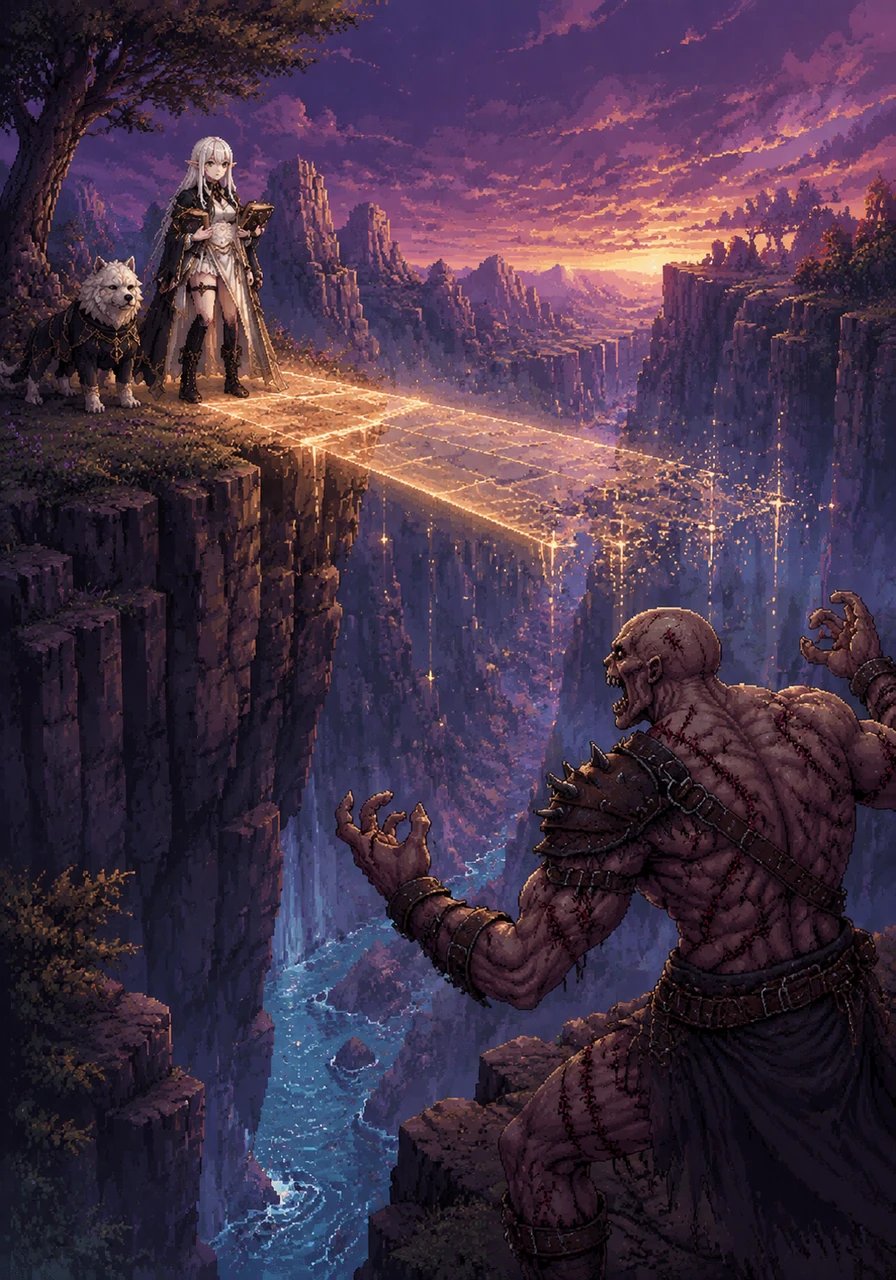 Cornered at the edge of a deep, sparkling canyon, Cristal uses a spell from the stolen book to trigger a bridge of pure light, crossing safely with her companion. Erierf is temporarily halted as the magical bridge vanishes, his horrifying smile turning into a snarl of rage.
