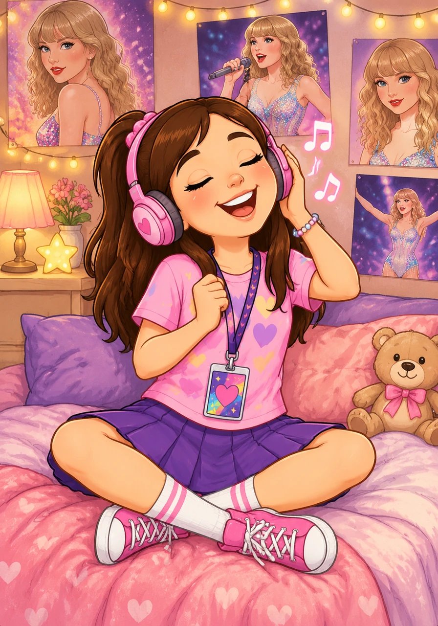 Lily spent hours in her bedroom, surrounded by Taylor Swift posters, listening to her favorite songs and dreaming of one day meeting her idol. She knew every lyric by heart and often imagined singing along at a concert.