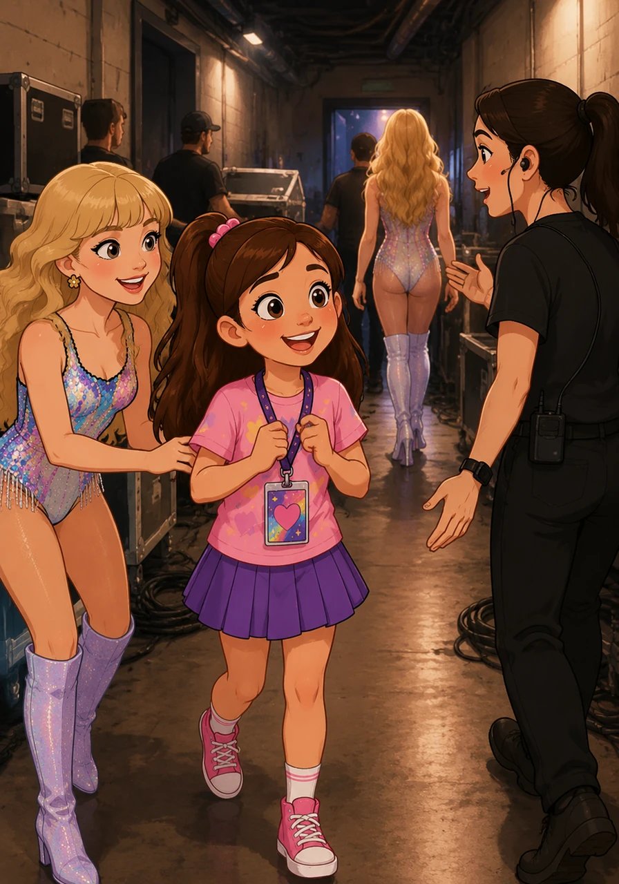 After the thrilling concert ended, Lily was guided through a backstage area, her heart pounding with anticipation. She clutched her artistically decorated fan pass, realizing her dream was about to happen.
