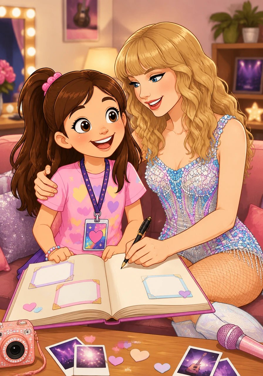 Taylor Swift welcomed Lily with a genuine smile and a warm, enthusiastic hug. They chatted for a few moments, and Taylor even signed Lily's treasured scrapbook.