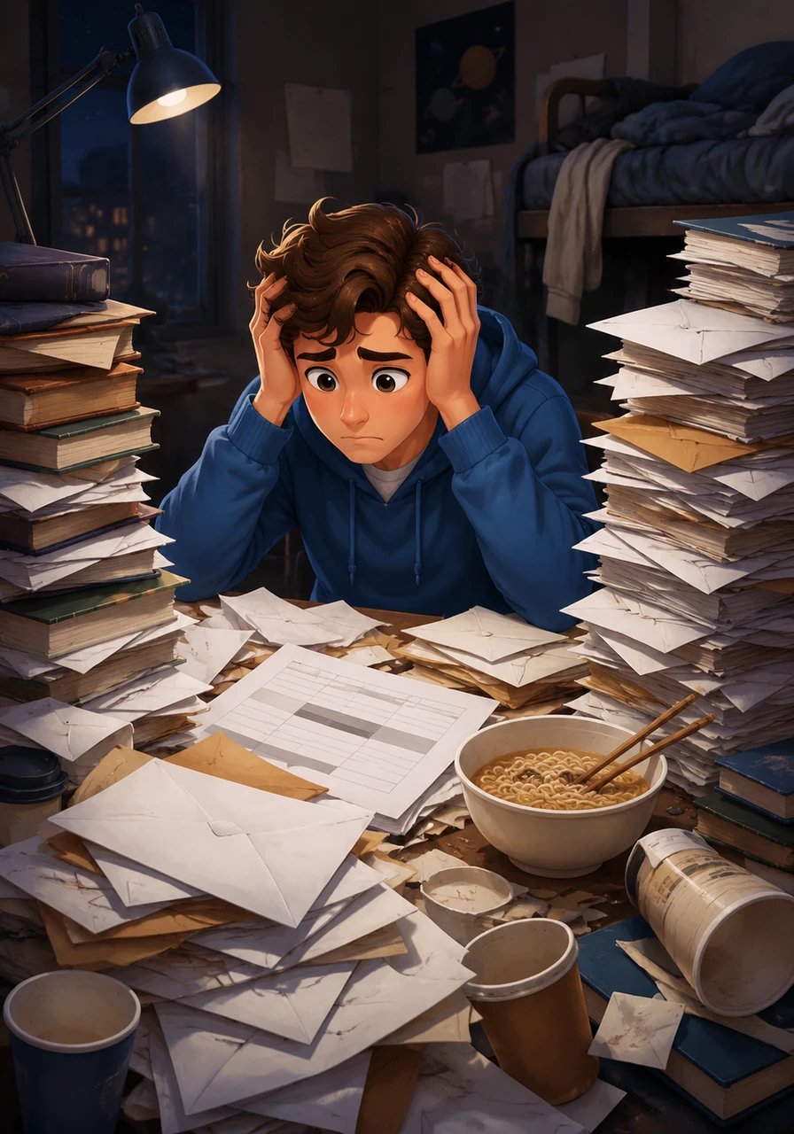 Stressed and overwhelmed, Alex sits surrounded by stacks of unpaid bills, textbook piles, and half-eaten ramen. The bank statement reads a worrying balance, mirroring the look of despair on Alex's face in the dim dorm room light. Every envelope seems like a daunting obstacle in this journey called college.