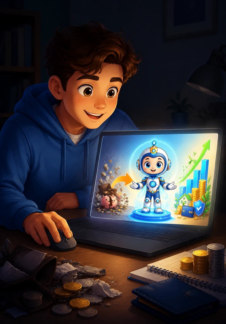 While mindlessly scrolling through a laptop, a colorful and hopeful advertisement catches Alex's eye: "The Broke-to-Budget Blueprint: AI-Powered Personal Finance Toolkit." A small spark of optimism flickers as Alex clicks, yearning for a solution to the financial chaos. The glowing screen illuminates the potential for change.