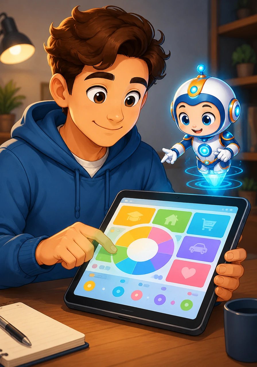 Alex dives into the Interactive Budget Planner, visualized as a sleek digital interface on a tablet. Careful fingers input tuition costs, rent payments, and grocery expenses into neatly labeled, vibrant categories, taking the first structured steps towards financial order. A helpful AI icon pulsates encouragingly.