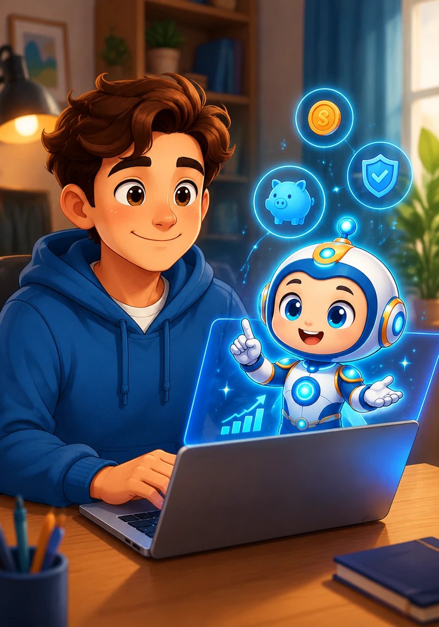 After tracking expenses, a friendly AI guide, a charming digital sprite, pops up on Alex's laptop screen. It offers personalized, real-time advice based on spending patterns, suggesting fun yet frugal ways to save on social activities. Alex smiles, feeling supported by technology.