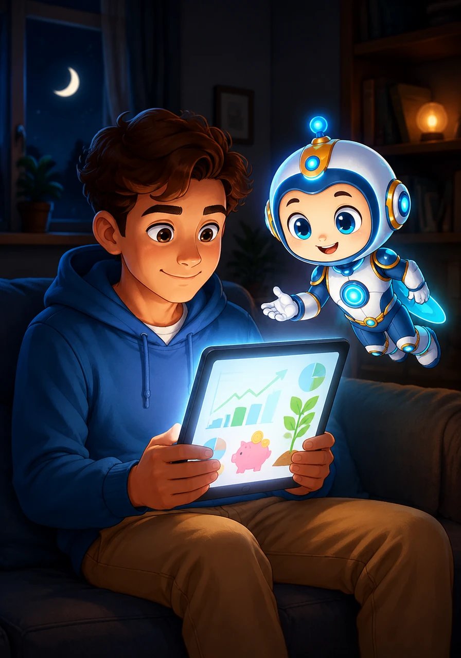 Late at night, Alex eagerly devours the Mini eBook, a treasure trove of financial wisdom, on a digital e-reader. The pages, filled with engaging illustrations and clear text, teach essential lessons on debt management, effective saving hacks, and creative side hustle ideas. Knowledge truly is power.