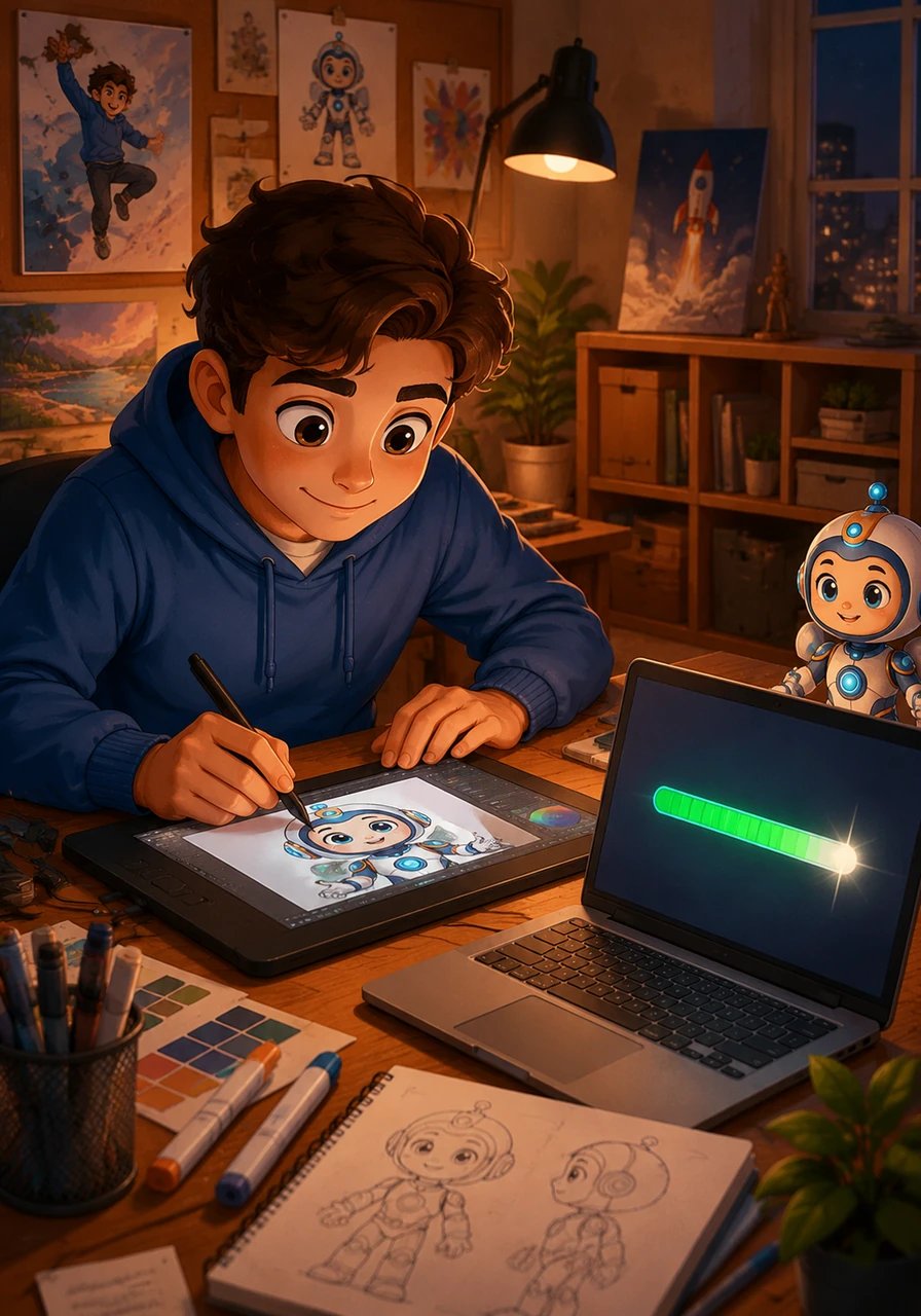 Energized by the eBook, Alex starts a modest but exciting online creative side hustle using a graphic design tablet. A focused and determined expression replaces the previous stress, as a glowing progress bar indicates the first earned income flowing in. The room feels full of possibility.