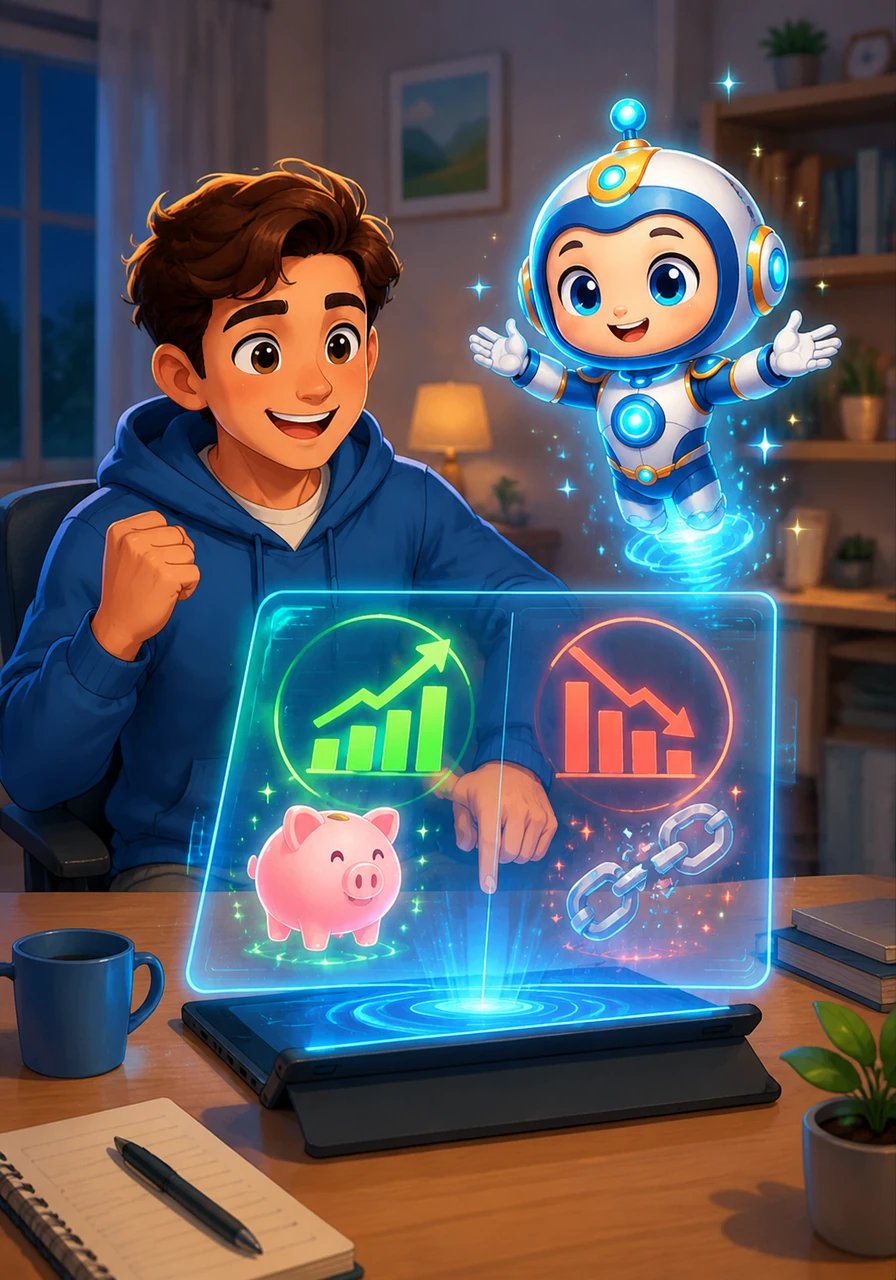Updating the budget planner again, Alex is thrilled to see the savings category grow while the debt tracker noticeably shrinks. The cheerful AI sprite reappears on the screen, celebrating this significant milestone with sparkling, futuristic animations. The hard work is paying off.