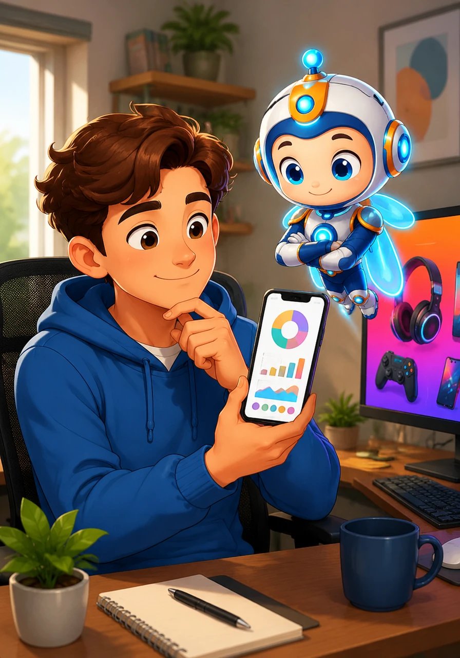 While shopping online, Alex resists the temptation of a flashy gadget sale after consulting the personal budget app on a smartphone. A moment of self-discipline prevails, demonstrating a newfound confidence in making conscious, responsible financial decisions learned from the toolkit.
