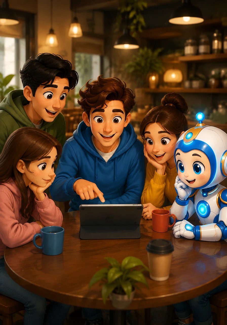 Feeling much lighter, Alex meets friends for coffee and confidently shares insights gained from the eBook about managing money. A circle of engaged and curious faces surrounds Alex, who points to the helpful digital resources, sharing the path to financial literacy.