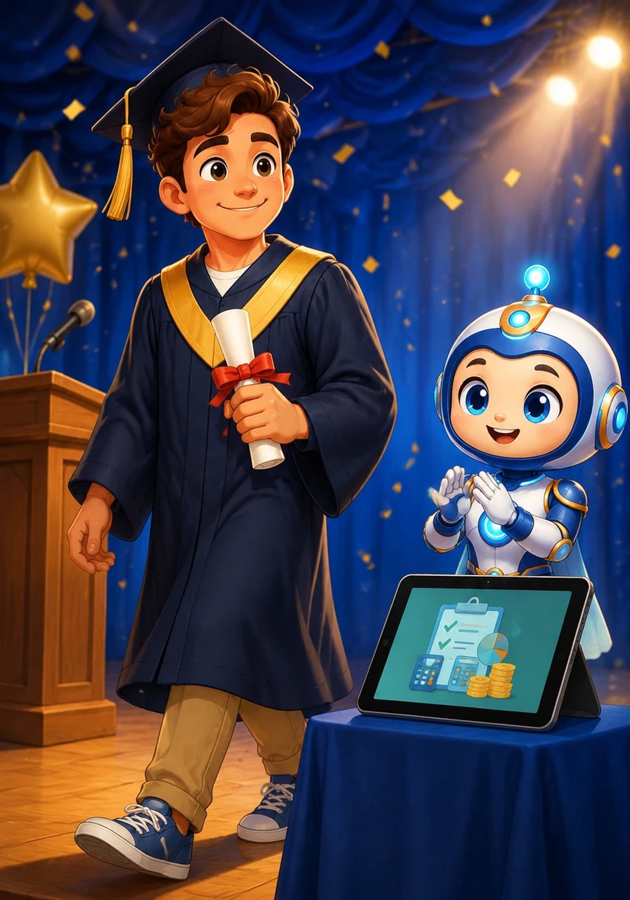 On graduation day, a confident Alex walks across the stage, wearing a cap and gown with a bright smile, looking towards a financially secure future. A tablet displaying the successful "Broke-to-Budget" planner and eBook icon sits nearby, a testament to the journey toward money management success.