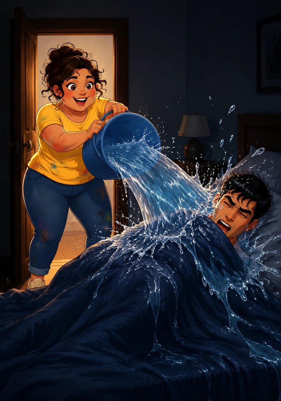 Diksha bursts into the darkened room and heaves the entire bucket of water onto the sleeping figure huddled under the blankets. 'Utho, lazy bones! Get up right now or we’ll be late!' she shouts with a triumphant laugh, watching the water drench the bed and the man beneath.