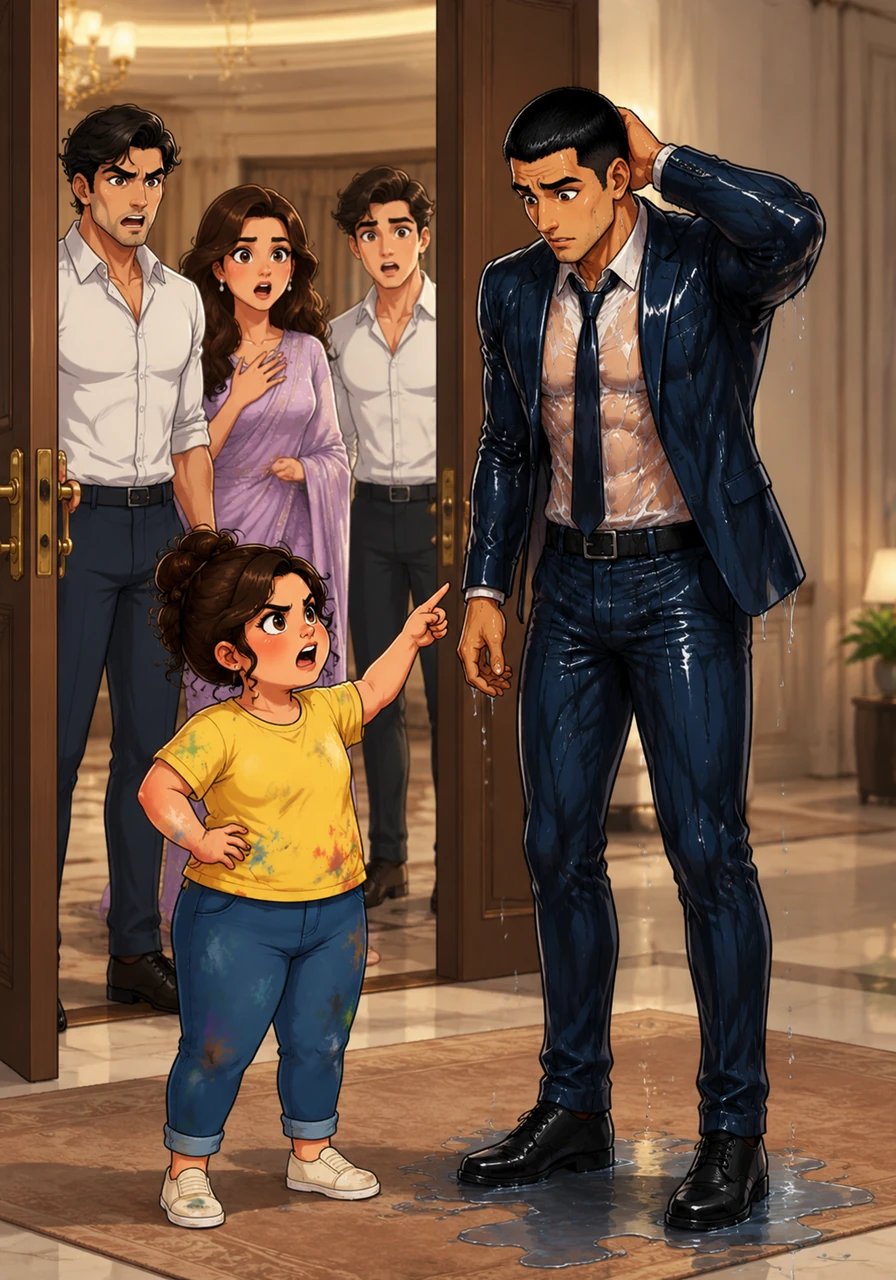 The entire Raichand family rushes into the room, gasping in shock to find the most feared man in Delhi dripping wet and being scolded by a tiny, defiant girl. Vikram and Gayatri stand frozen, never having seen their ruthless, lethal son looking so completely bewildered and outmatched by a simple prankster.