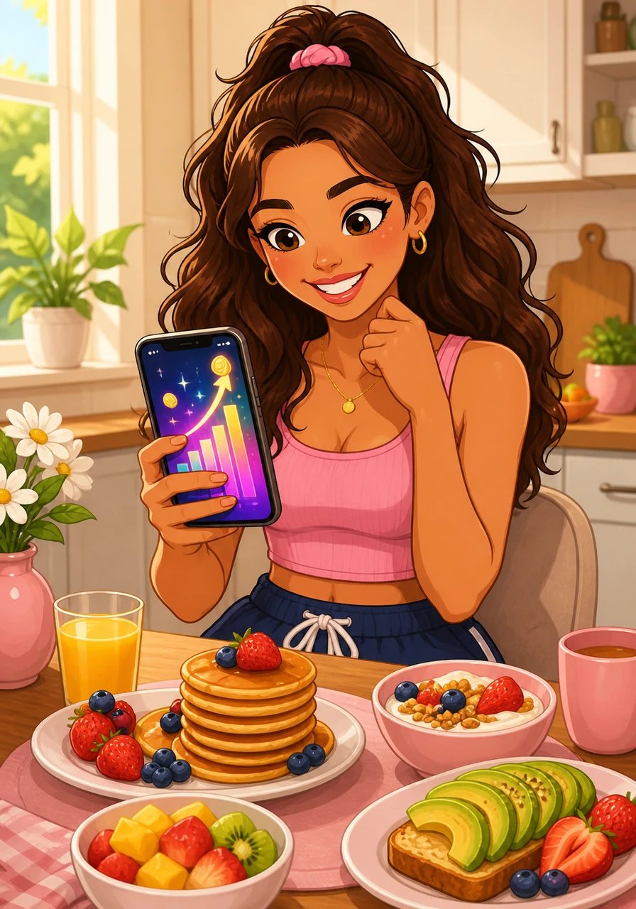 As Aria checks her phone over a colorful breakfast, her digital dashboard shows her wealth multiplying automatically with every passing second. Financial prosperity flows to her effortlessly, giving her total freedom to design her time however she pleases. She smiles, realizing that whatever she dreams of doing today is already within her reach.