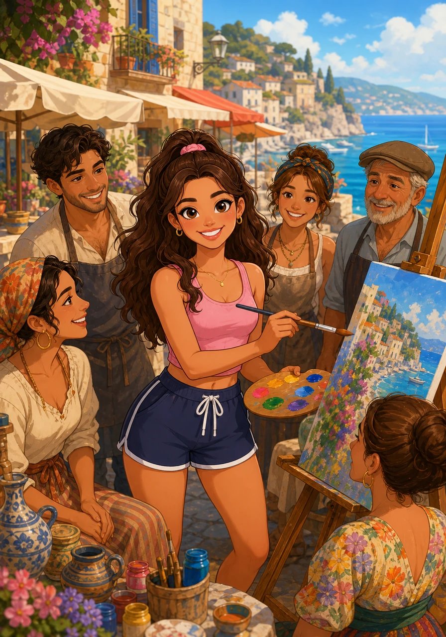 With unlimited freedom, Aria sets off on an impromptu side quest through a bustling artisan market in a coastal European town. She picks up paints and canvases on a whim, creating bright artwork alongside local creators who instantly adore her warm, effortless spirit. Her infectious cheer draws wonderful new friends into her circle wherever she walks.
