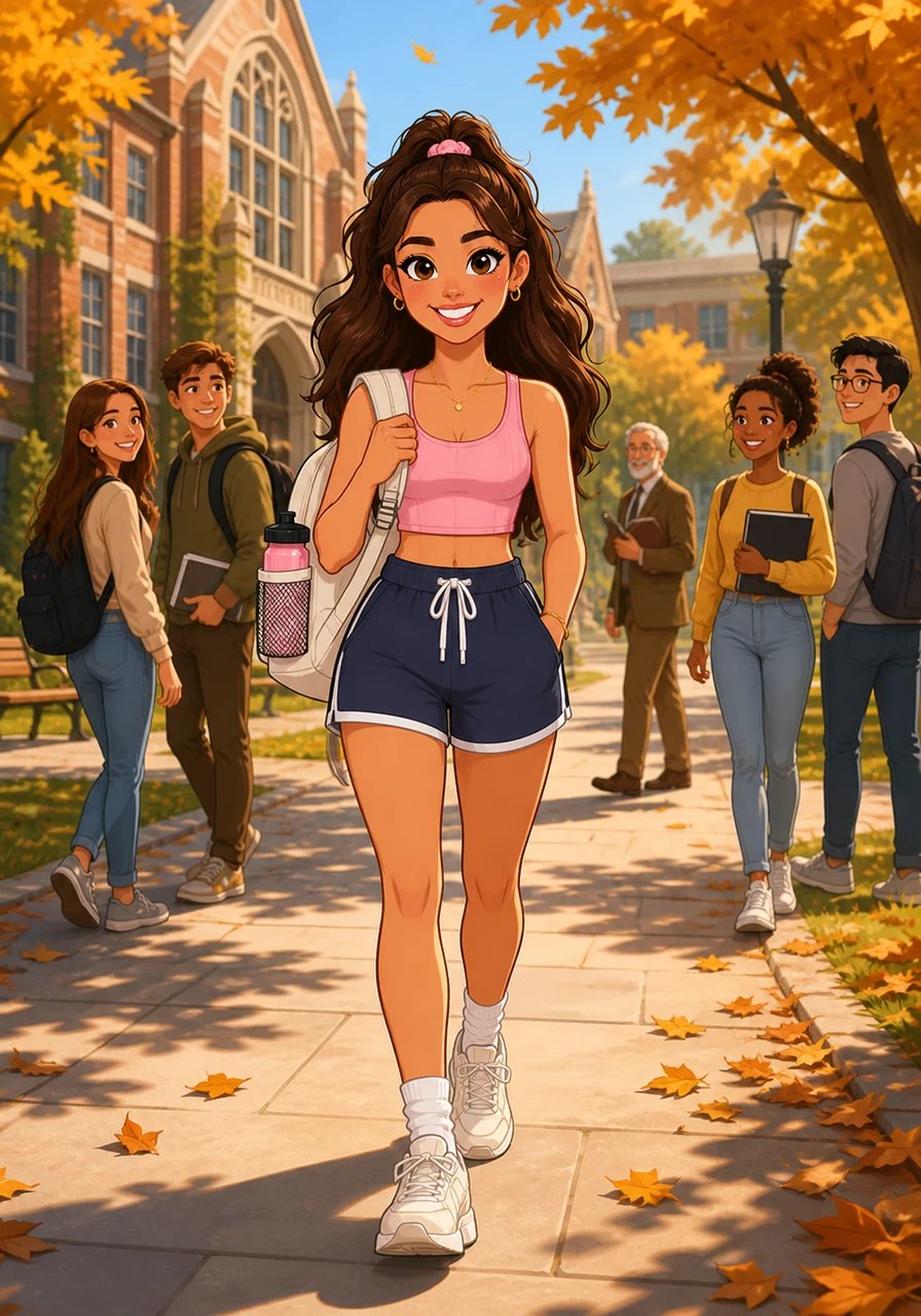 Arriving on a sunlit American university campus, Aria walks through grand brick halls adorned with autumn leaves, excited for her college journey. Her deep sense of calm and perfect vitality make studying and making friends feel completely natural and fun. Professors and classmates alike are drawn to her grounded, unbothered presence.