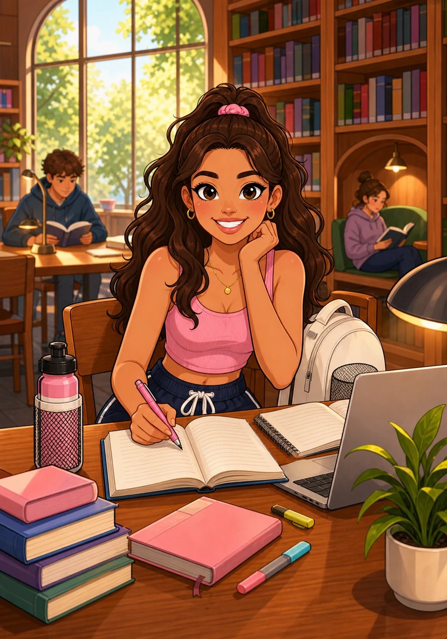 In a vibrant university library, Aria effortlessly absorbs fascinating ideas and completes her projects with calm focus and absolute confidence. She never worries about stress or physical fatigue, feeling perfectly supported by her mind and body at every turn. Learning feels like a joyful game where she always succeeds.