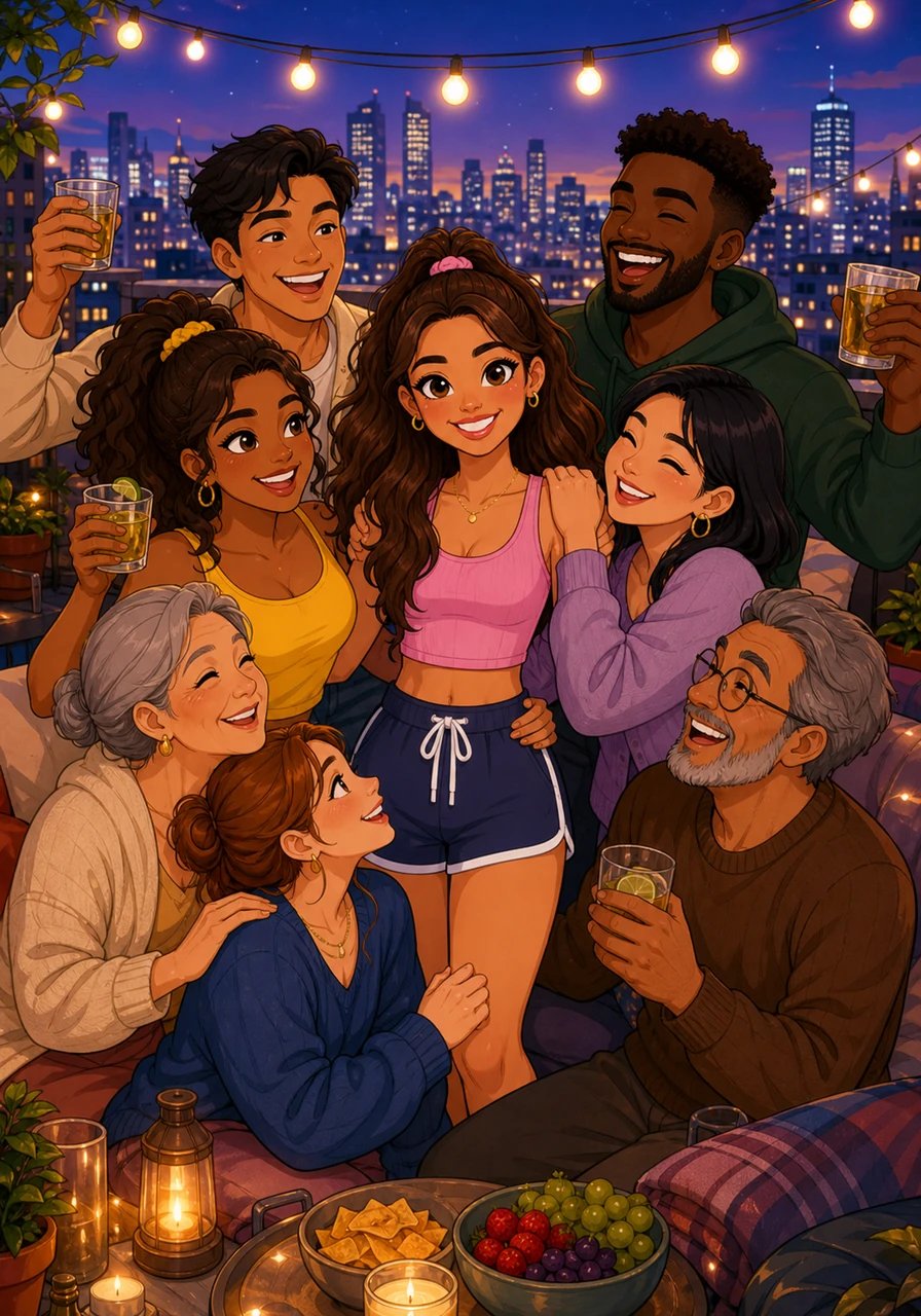 During the weekend, Aria hosts a cozy gathering on a rooftop overlooking the glittering city skyline. Laughter and music fill the crisp evening air as friends from every walk of life come together to celebrate with her. Surrounded by genuine affection, Aria feels deeply cherished by everyone in her life.