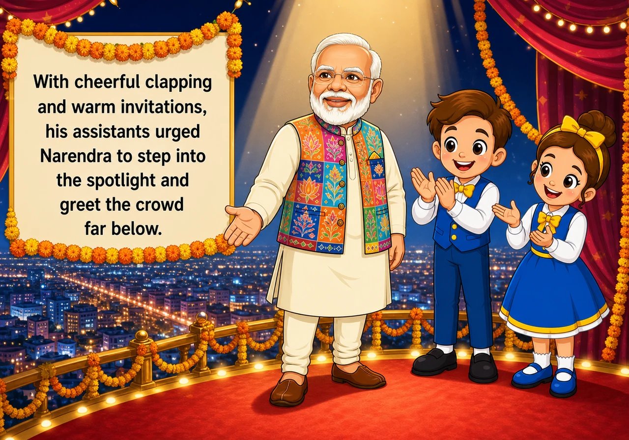High above the glowing lights, Narendra stands at the edge of a grand, festive stage adorned with marigolds and shimmering silk drapes. His two cheerf