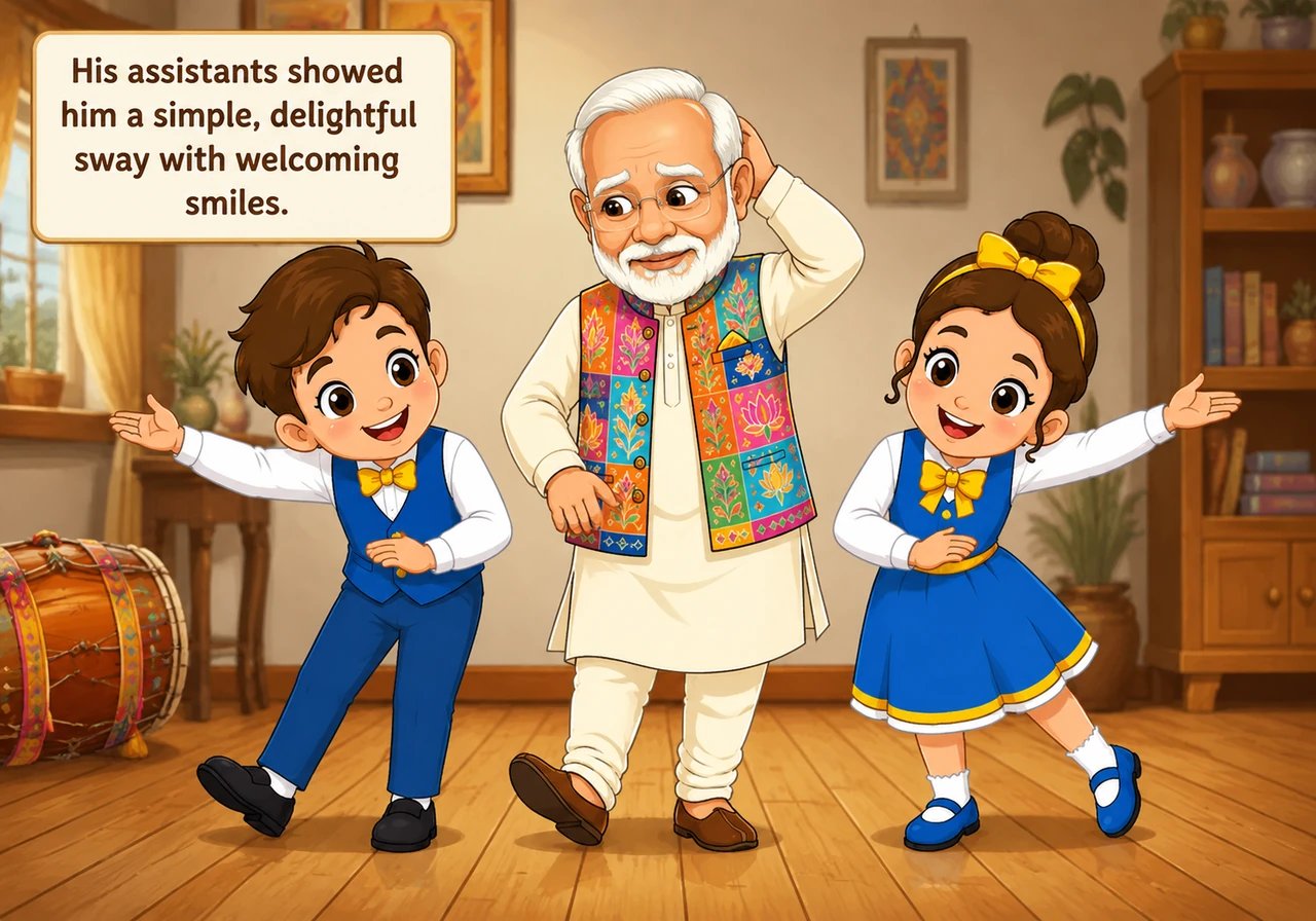 The warm beat of traditional drums begins to echo softly across the wooden floorboards, filling the air with vibrant energy. Narendra hesitates for a